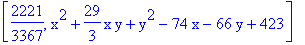 [2221/3367, x^2+29/3*x*y+y^2-74*x-66*y+423]